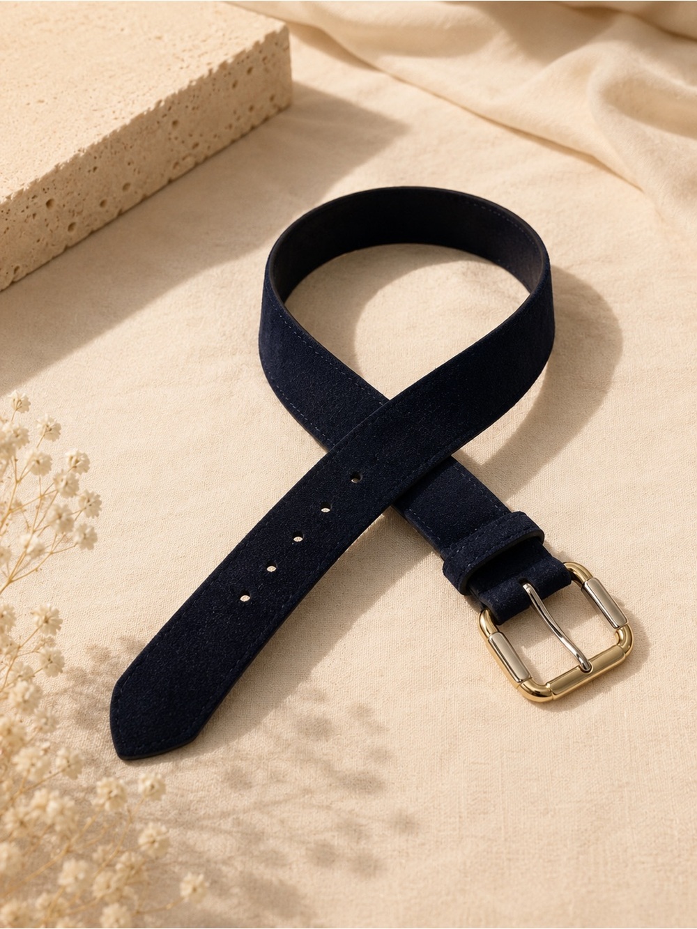 Women's Navy Suede Belt with Gold-Tone Buckle